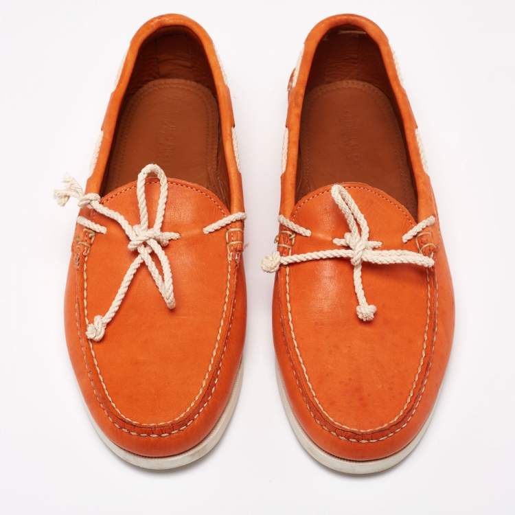 Pre Owned Ralph Lauren Orange Leather Bow Boat Loafers Size 44.5