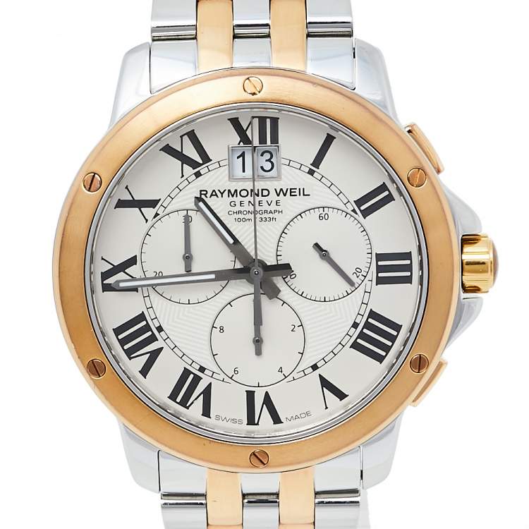 Pre Owned Raymond Weil Cream Two-Tone Stainless Steel Tango Chronograph 4891 Men's Wristwatch 40 mm