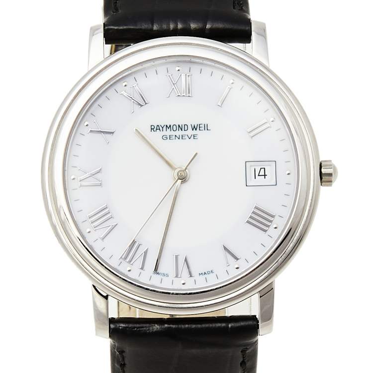 Pre Owned Raymond Weil White Stainless Steel Leather Tradition 5575/1 Men's Wristwatch 35 mm
