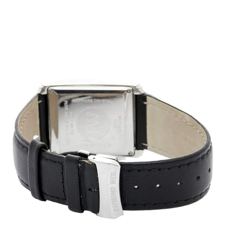 Pre Owned Raymond Weil White Stainless Steel Leather 4873 Men's Wristwatch 29 mm