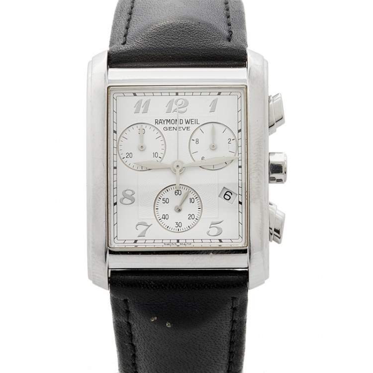 Pre Owned Raymond Weil White Stainless Steel Leather 4873 Men's Wristwatch 29 mm
