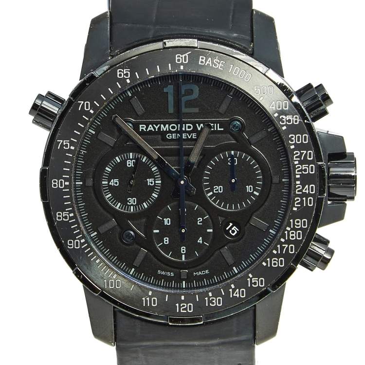 Pre Owned Raymond Weil Black Titanium PVD Coated Stainless Steel Leather Nabucco 7810 Men's Wristwatch 46 mm