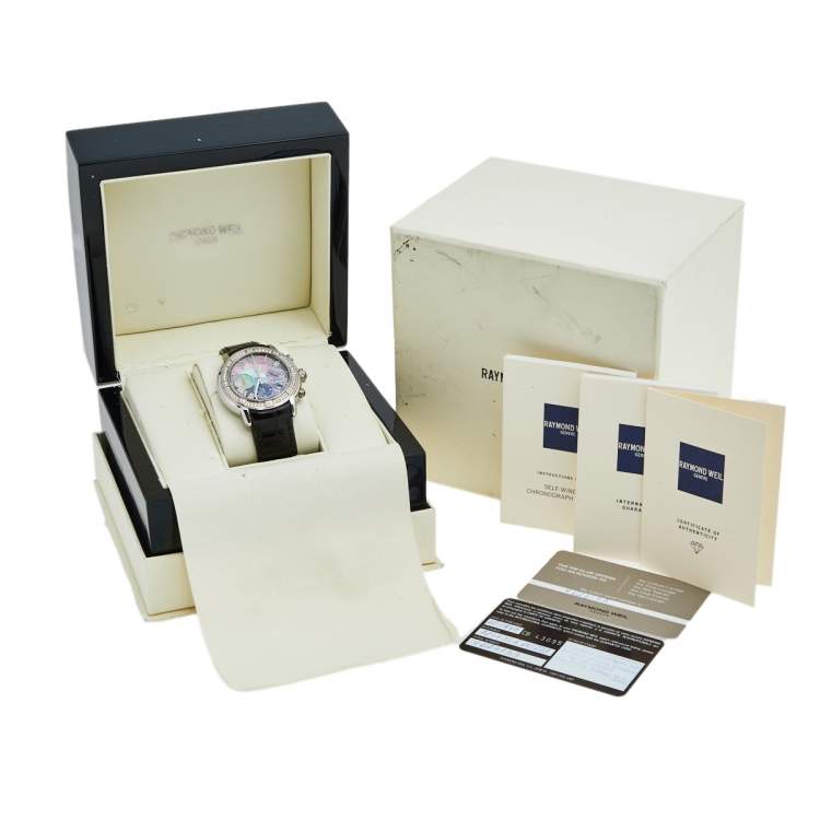 Pre Owned Raymond Weil Mother of Pearl Stainless Steel Diamond Alligator Collection Parsifal 7241 Men's Wristwatch 42 mm