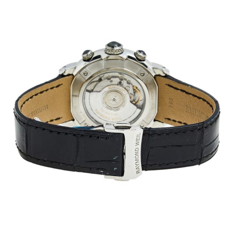 Pre Owned Raymond Weil Mother of Pearl Stainless Steel Diamond Alligator Collection Parsifal 7241 Men's Wristwatch 42 mm
