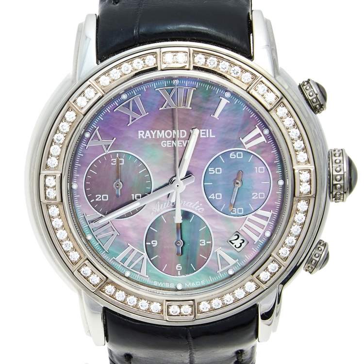 Pre Owned Raymond Weil Mother of Pearl Stainless Steel Diamond Alligator Collection Parsifal 7241 Men's Wristwatch 42 mm