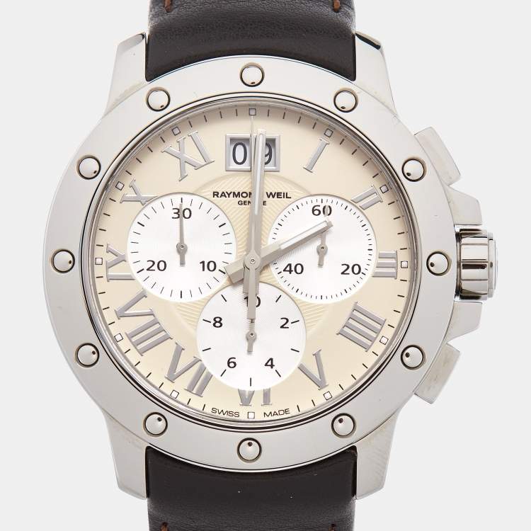 Pre Owned Raymond Weil Ivory Stainless Steel Leather Tango 4899-STC-00809 Men's Wristwatch 40 mm