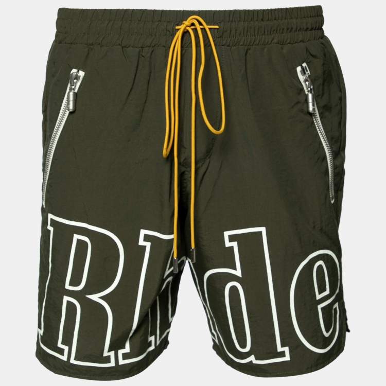 Rhude Dark Green Synthetic Logo Printed Shorts M Rhude | TLC