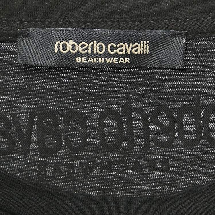 Pre Owned Roberto Cavalli Beachwear Black Logo Print Crew Neck T-Shirt M