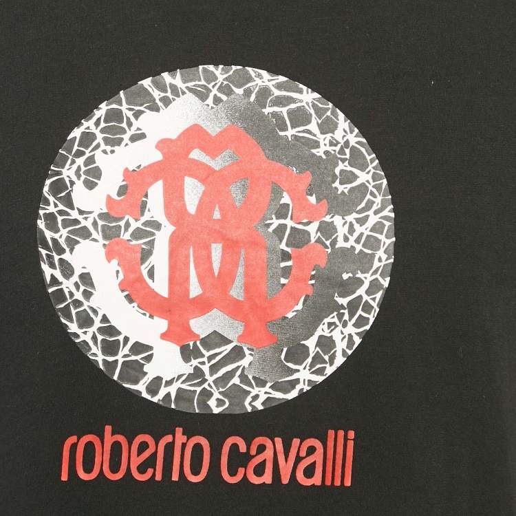 Pre Owned Roberto Cavalli Beachwear Black Logo Print Crew Neck T-Shirt M