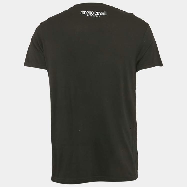 Pre Owned Roberto Cavalli Beachwear Black Logo Print Crew Neck T-Shirt M