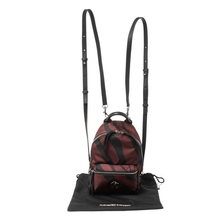 Pre Owned Roberto Cavalli Maroon/Black Zebra Print Fabric and Leather Mini Backpack