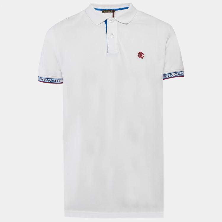 Pre Owned Roberto Cavalli White Logo Trim Pique Cotton Polo T-Shirt XL