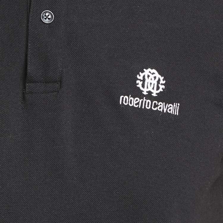 Pre Owned Roberto Cavalli Black Logo Embroidered Pique Polo T-Shirt M