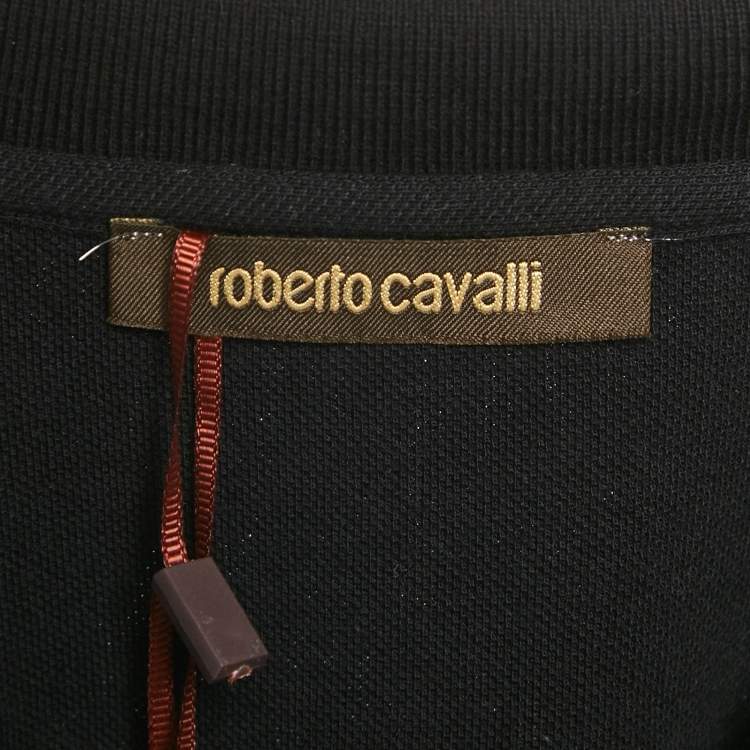 Pre Owned Roberto Cavalli Black Logo Embroidered Pique Polo T-Shirt M