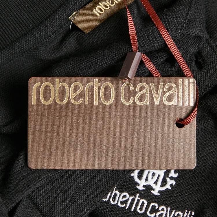 Pre Owned Roberto Cavalli Black Logo Embroidered Pique Polo T-Shirt M