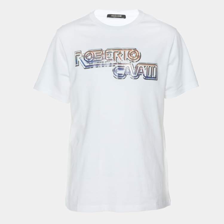 Pre Owned Robert Cavalli White Jersey Logo Print T-Shirt L