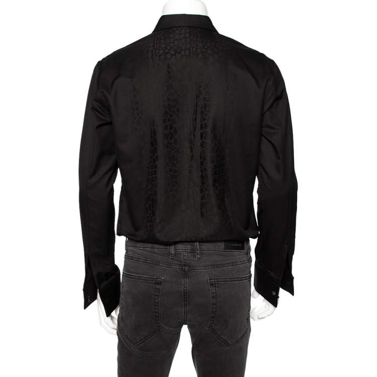 Pre Owned Roberto Cavalli Black Cotton Animal Patterned Trim Concealed Placket Shirt M
