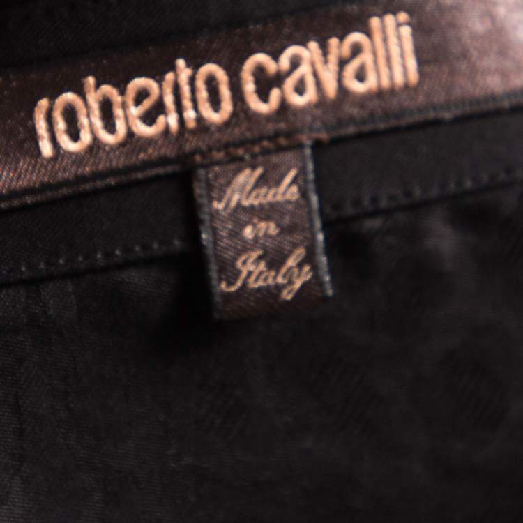 Pre Owned Roberto Cavalli Black Cotton Animal Patterned Trim Concealed Placket Shirt M