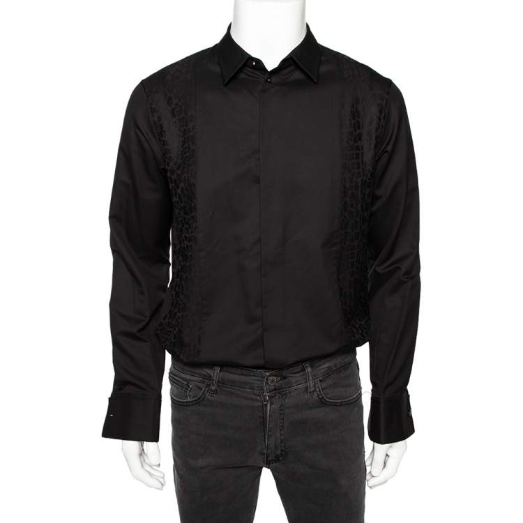 Pre Owned Roberto Cavalli Black Cotton Animal Patterned Trim Concealed Placket Shirt M