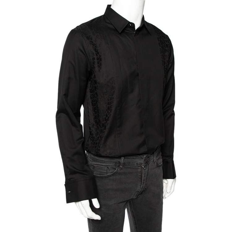 Pre Owned Roberto Cavalli Black Cotton Animal Patterned Trim Concealed Placket Shirt M