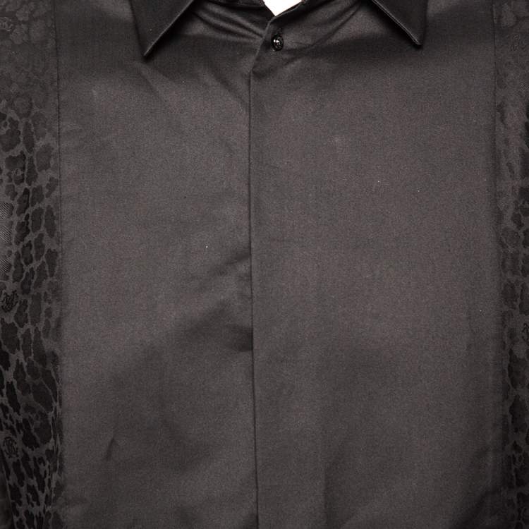 Pre Owned Roberto Cavalli Black Cotton Animal Patterned Trim Concealed Placket Shirt M