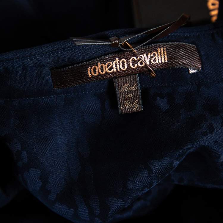Pre Owned Roberto Cavalli Navy Blue Cotton Animal Patterned Trim Concealed Placket Shirt M 