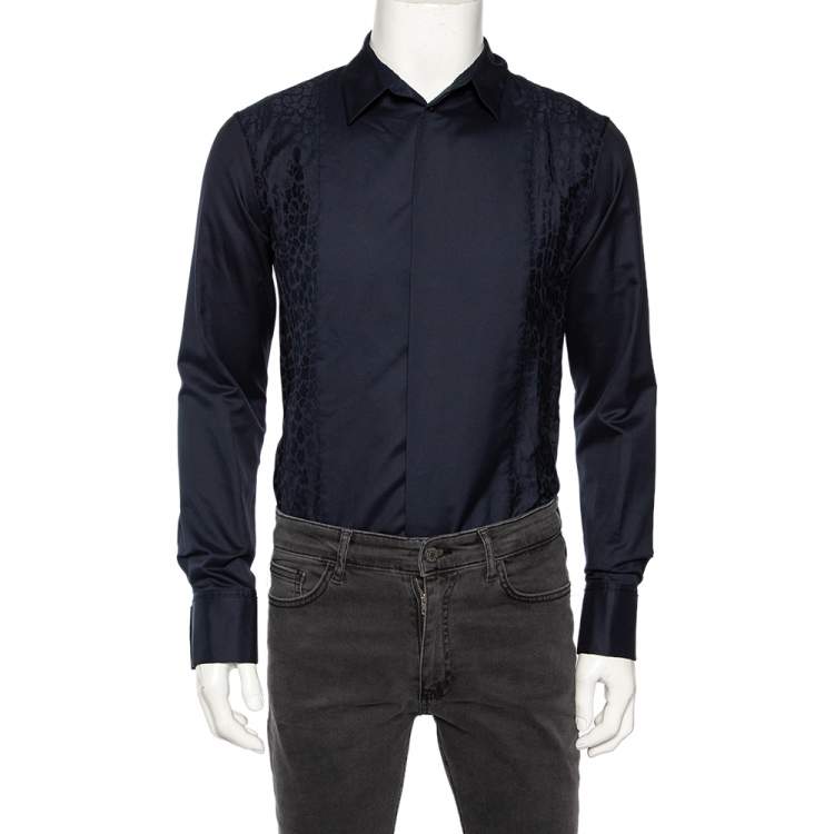 Pre Owned Roberto Cavalli Navy Blue Cotton Animal Patterned Trim Concealed Placket Shirt M 