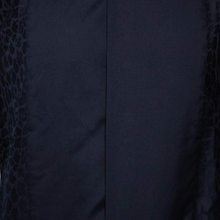 Pre Owned Roberto Cavalli Navy Blue Cotton Animal Patterned Trim Concealed Placket Shirt M 