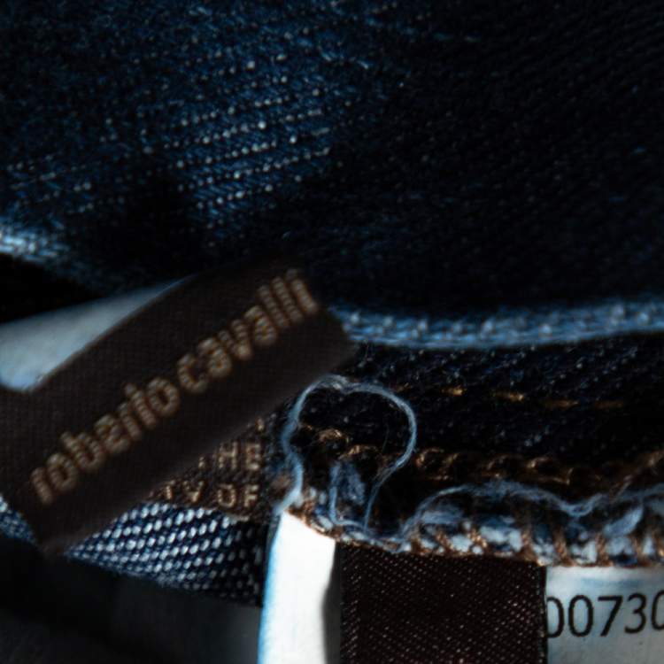 Pre Owned Roberto Cavalli Indigo Jacquard Denim Straight Fit Jeans L