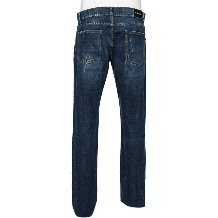 مملوكة مسبقًا Roberto Cavalli Indigo Medium Wash Distressed Denim Jeans L