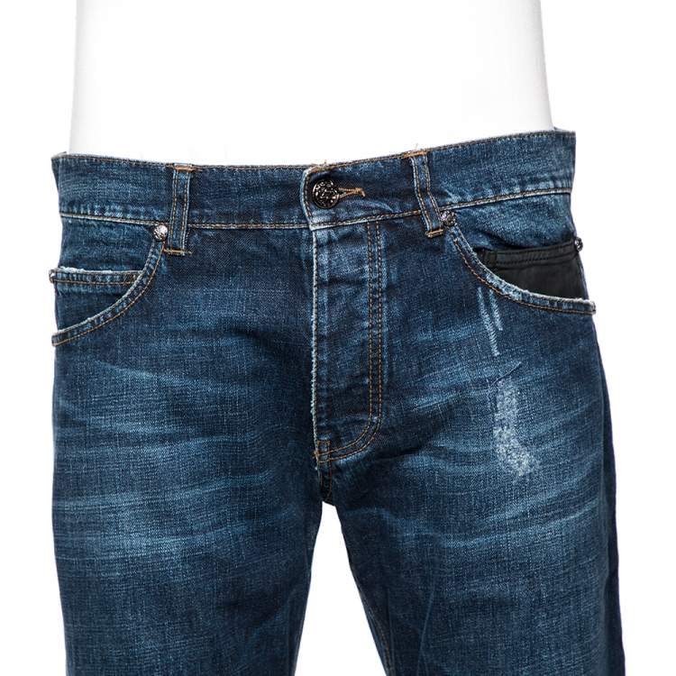 مملوكة مسبقًا Roberto Cavalli Indigo Medium Wash Distressed Denim Jeans L