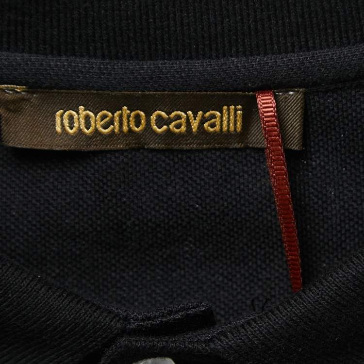 Pre Owned Roberto Cavalli Black Logo Embroidered Cotton Pique Polo T-Shirt L