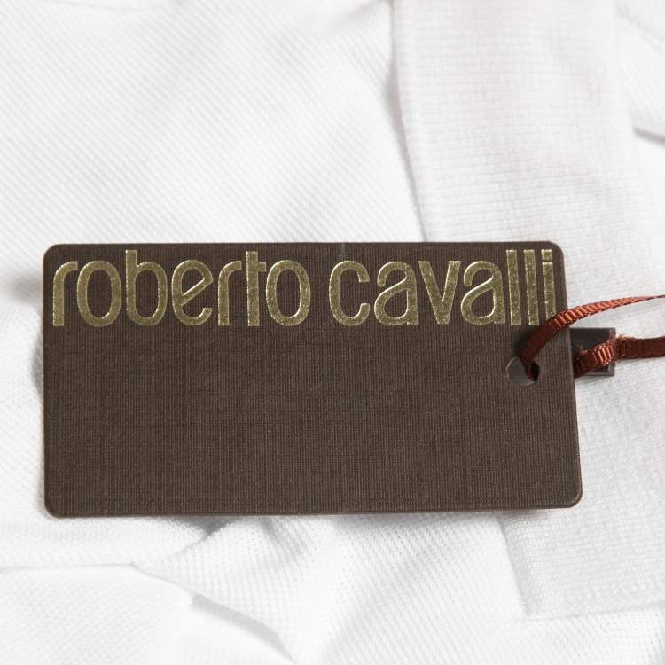 Pre Owned Roberto Cavalli White Logo Embroidered Cotton Pique Polo T-Shirt XL