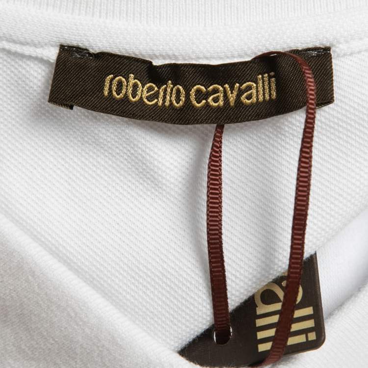 Pre Owned Roberto Cavalli White Logo Embroidered Cotton Pique Polo T-Shirt XL