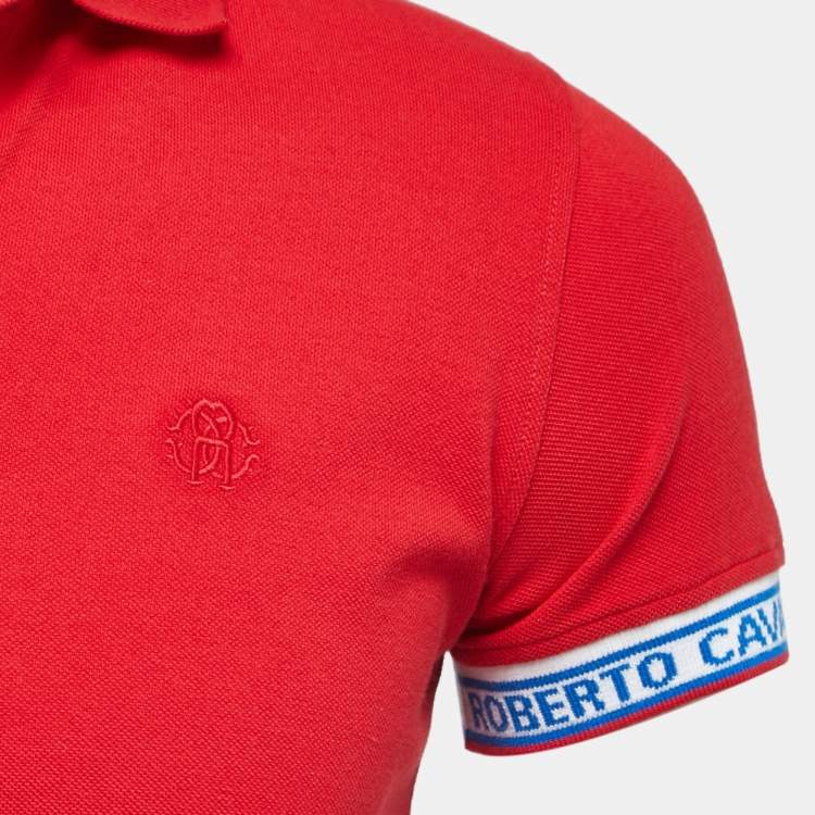 Pre Owned Roberto Cavalli Red Logo Patterned Cotton Pique Polo T-Shirt S