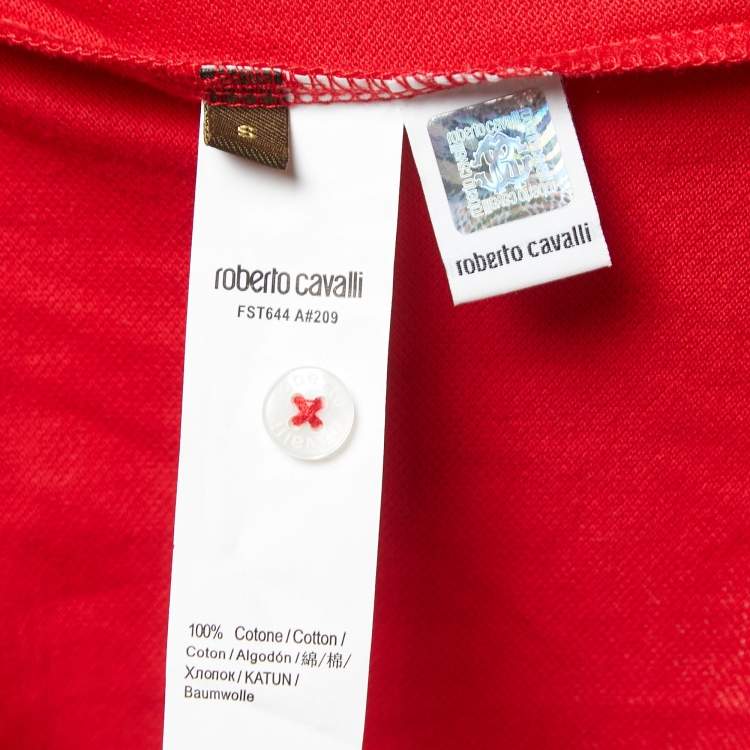 Pre Owned Roberto Cavalli Red Logo Patterned Cotton Pique Polo T-Shirt S