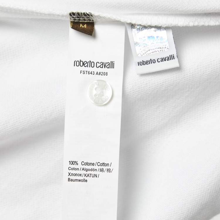 Pre Owned Roberto Cavalli White Logo Embroidered Cotton Polo T-Shirt M