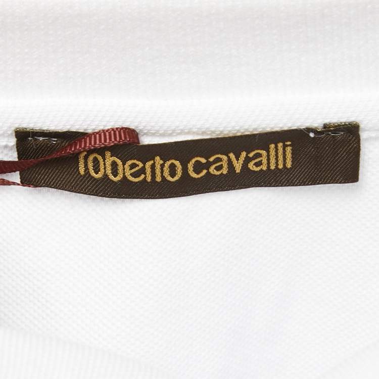 Pre Owned Roberto Cavalli White Logo Embroidered Cotton Polo T-Shirt M