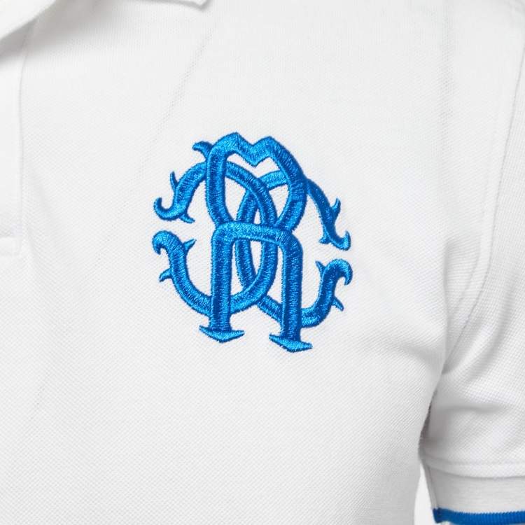 Pre Owned Roberto Cavalli White Logo Embroidered Cotton Polo T-Shirt M