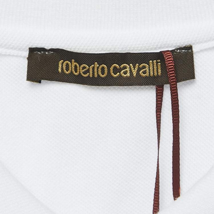 Pre Owned Roberto Cavalli White Logo Embroidered Cotton Polo T-Shirt XL