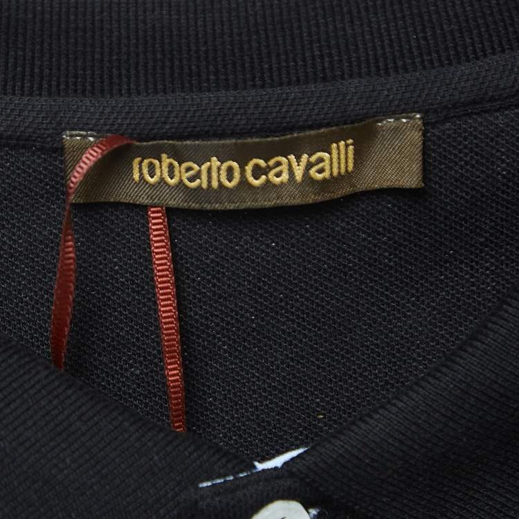 Pre Owned Roberto Cavalli Black Logo Embroidered Cotton Polo T-Shirt XL