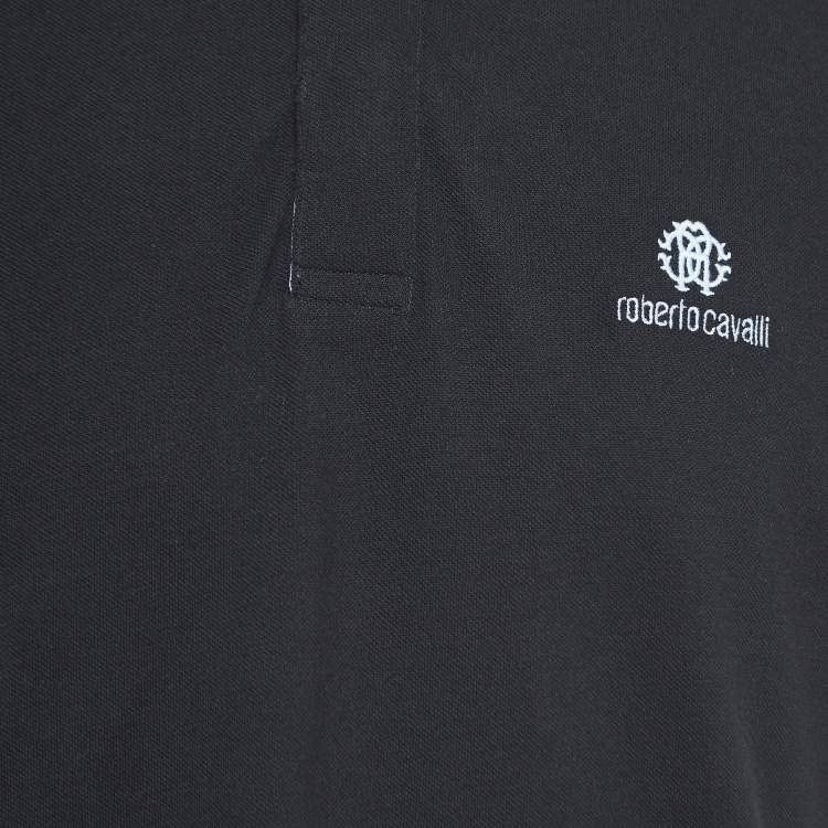 Pre Owned Roberto Cavalli Black Logo Embroidered Cotton Polo T-Shirt XL