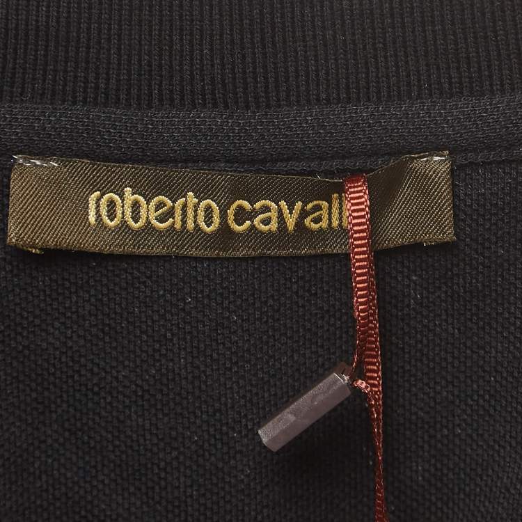 Pre Owned Roberto Cavalli Black Logo Embroidered Cotton Pique Polo T-Shirt L