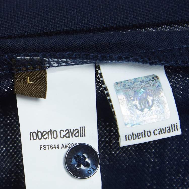 مملوكة مسبقًا Roberto Cavalli Navy Blue Logo Detailed Sleeve Polo T-Shirt L