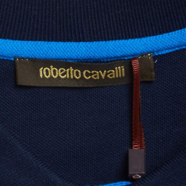 مملوكة مسبقًا Roberto Cavalli Navy Blue Logo Detailed Sleeve Polo T-Shirt L