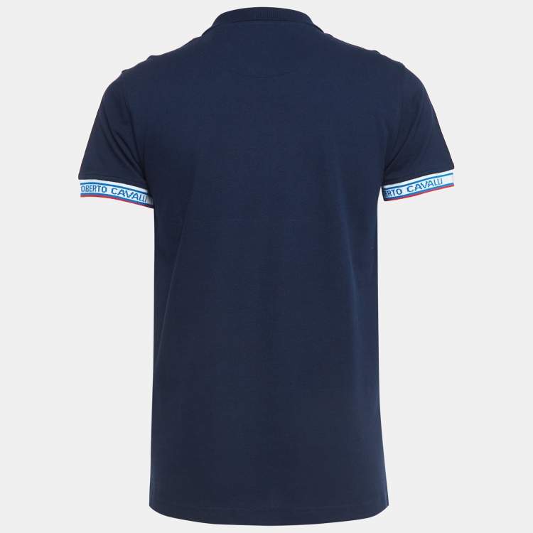 مملوكة مسبقًا Roberto Cavalli Navy Blue Logo Detailed Sleeve Polo T-Shirt L