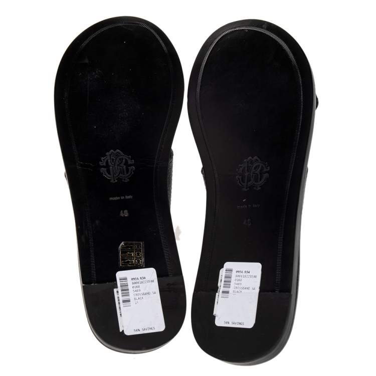Pre Owned Roberto Cavalli Black Snake-Embossed Leather Crossband Slides Sandals Size 46