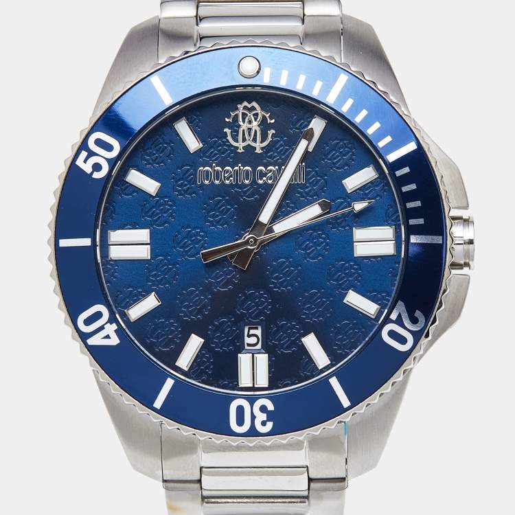 Pre Owned Roberto Cavalli Blue Stainless Steel 5G013 Men's Wristwatch 44 mm