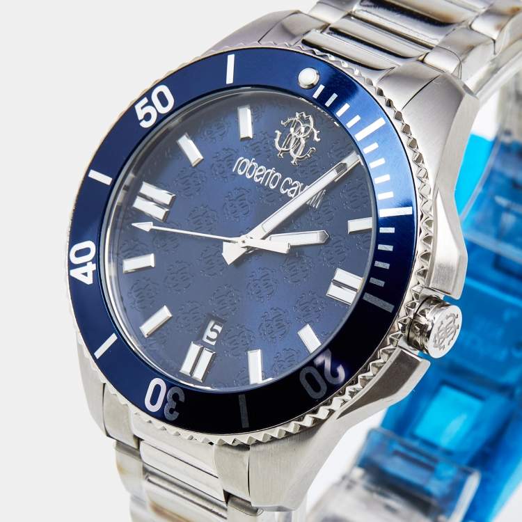 Pre Owned Roberto Cavalli Blue Stainless Steel 5G013 Men's Wristwatch 44 mm