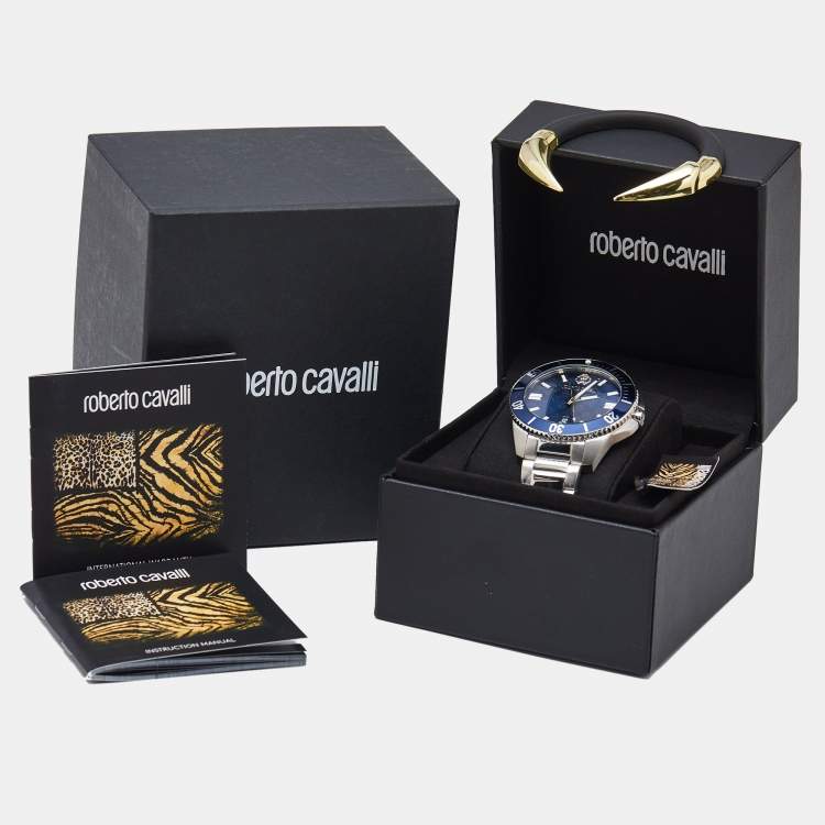 Pre Owned Roberto Cavalli Blue Stainless Steel 5G013 Men's Wristwatch 44 mm